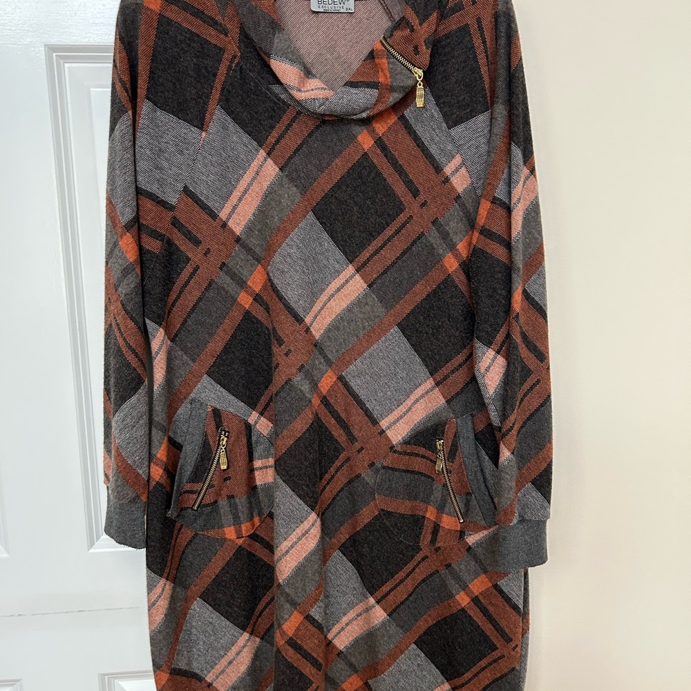 Plaid Cowl Neck Dress with Zipper Pockets